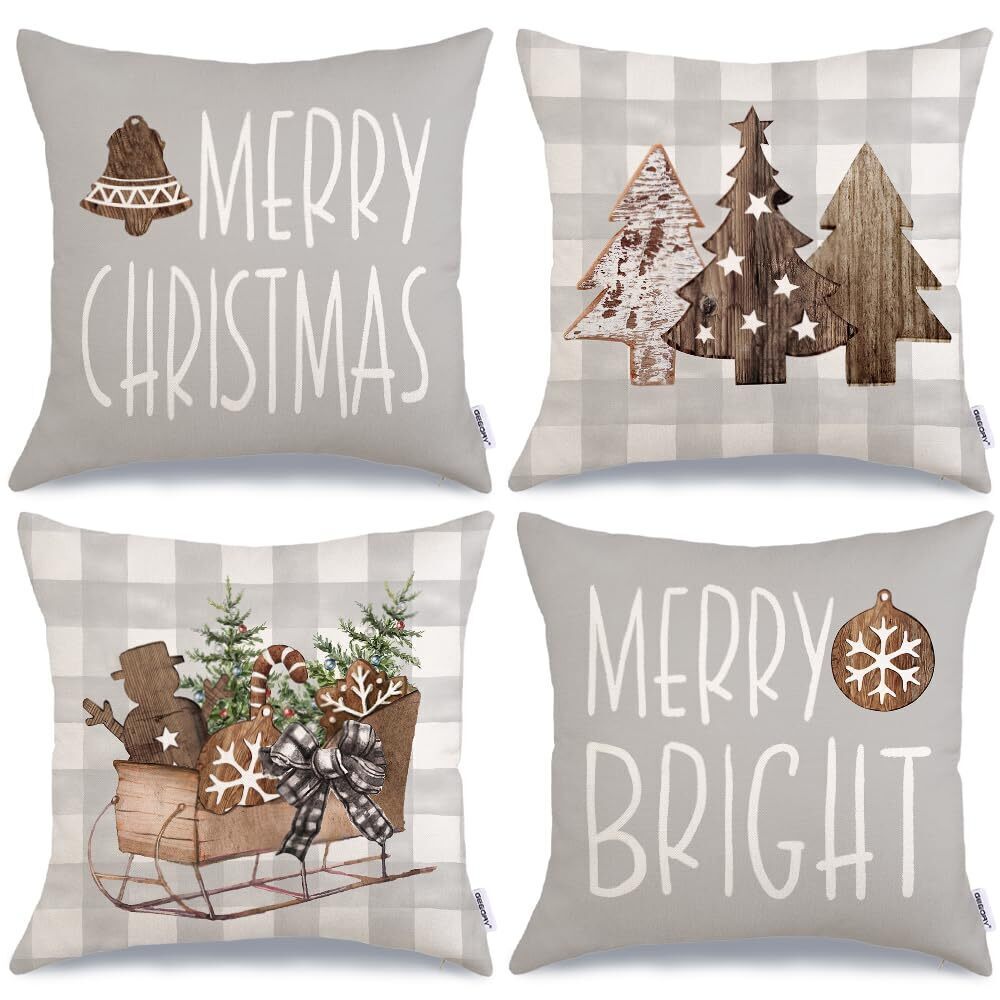 4383 Christmas Pillow Covers 18 x 18 Inch Set of 4, Buffalo Plaid Wooden